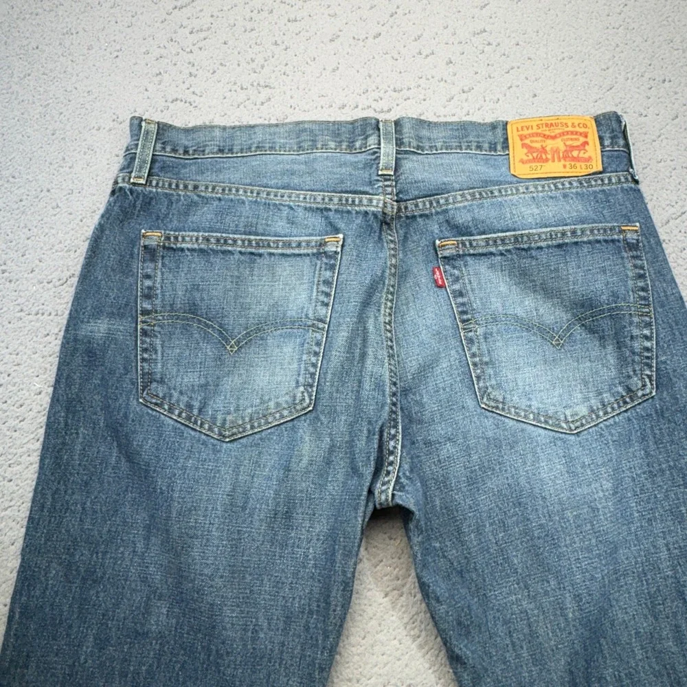 Levi's 527 Slim Bootcut Mens 36x30 Blue Denim Jeans Whiskers Faded Cotton Mid